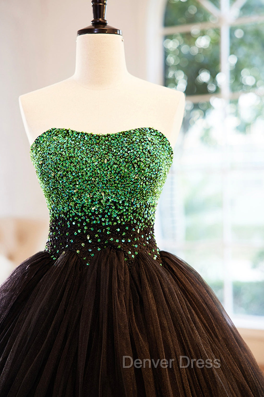 Black Tulle Long Formal Dresses with Green Beaded, Black Strapless Prom Dresses