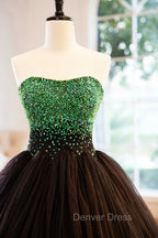 Black Tulle Long Prom Dress with Green Beaded, Black Strapless Prom Dresses