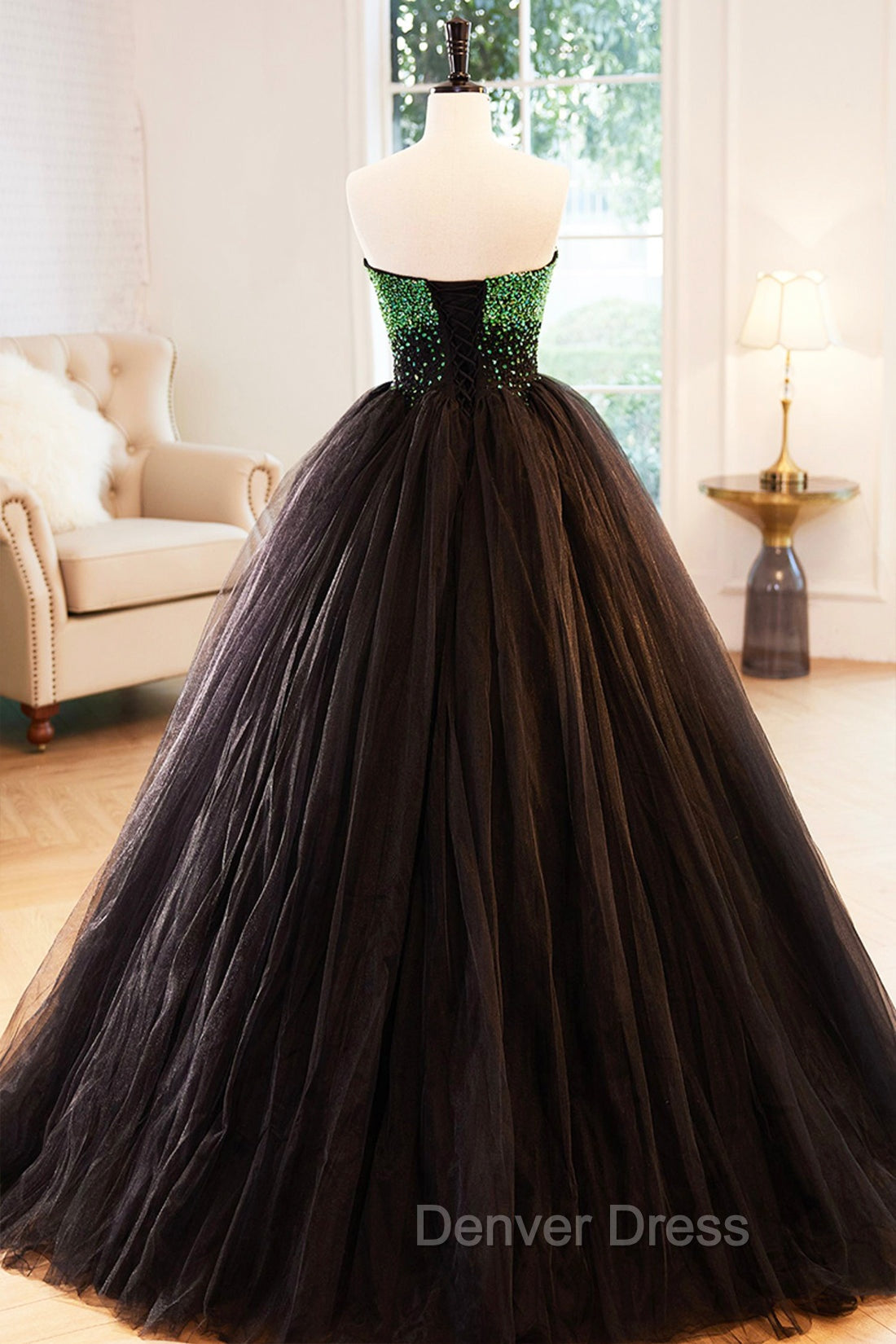 Black Tulle Long Formal Dresses with Green Beaded, Black Strapless Prom Dresses