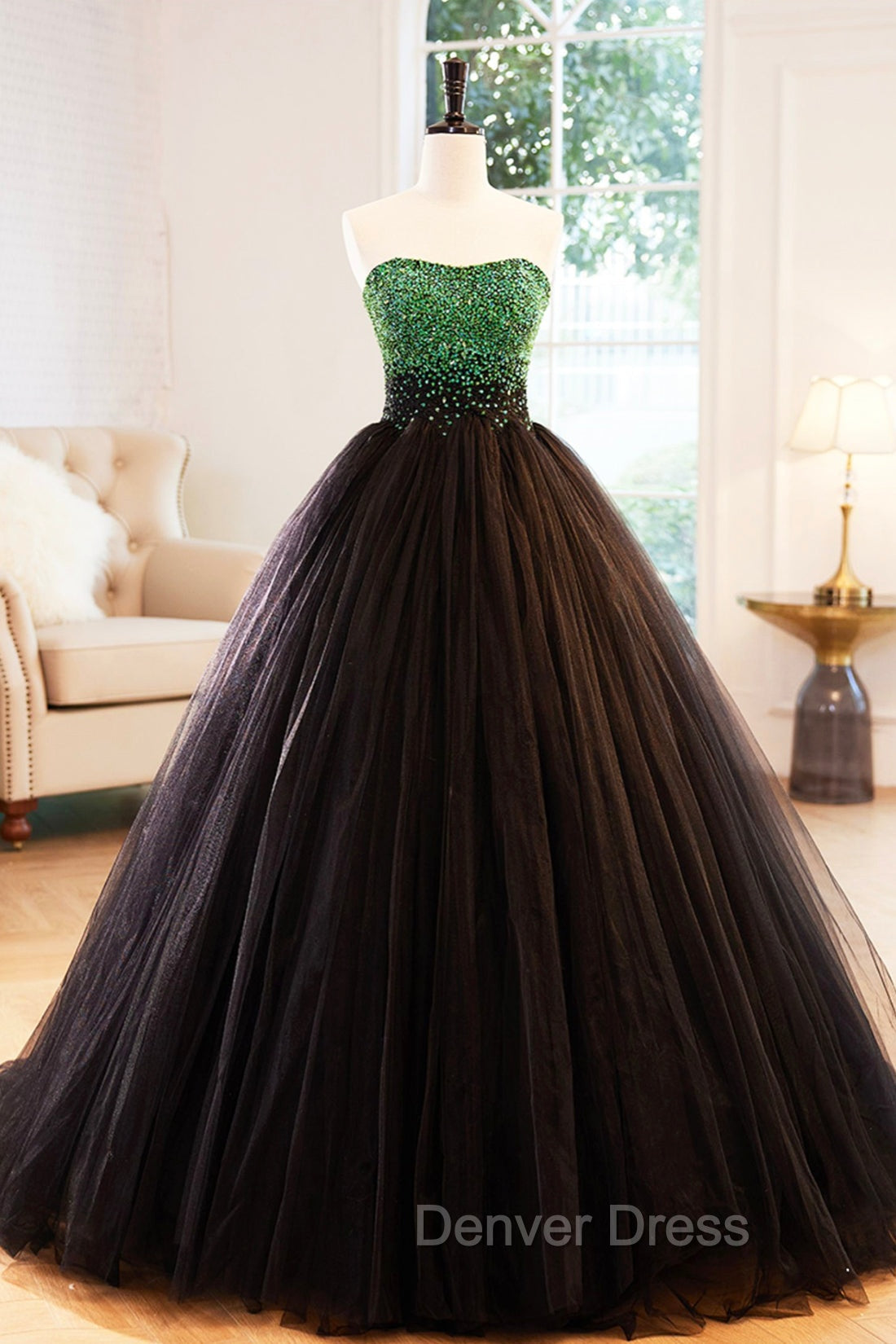 Black Tulle Long Formal Dresses with Green Beaded, Black Strapless Prom Dresses Main image