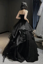 Black Tulle Layers Long A-Line Prom Dress, Black Strapless Prom Dresses