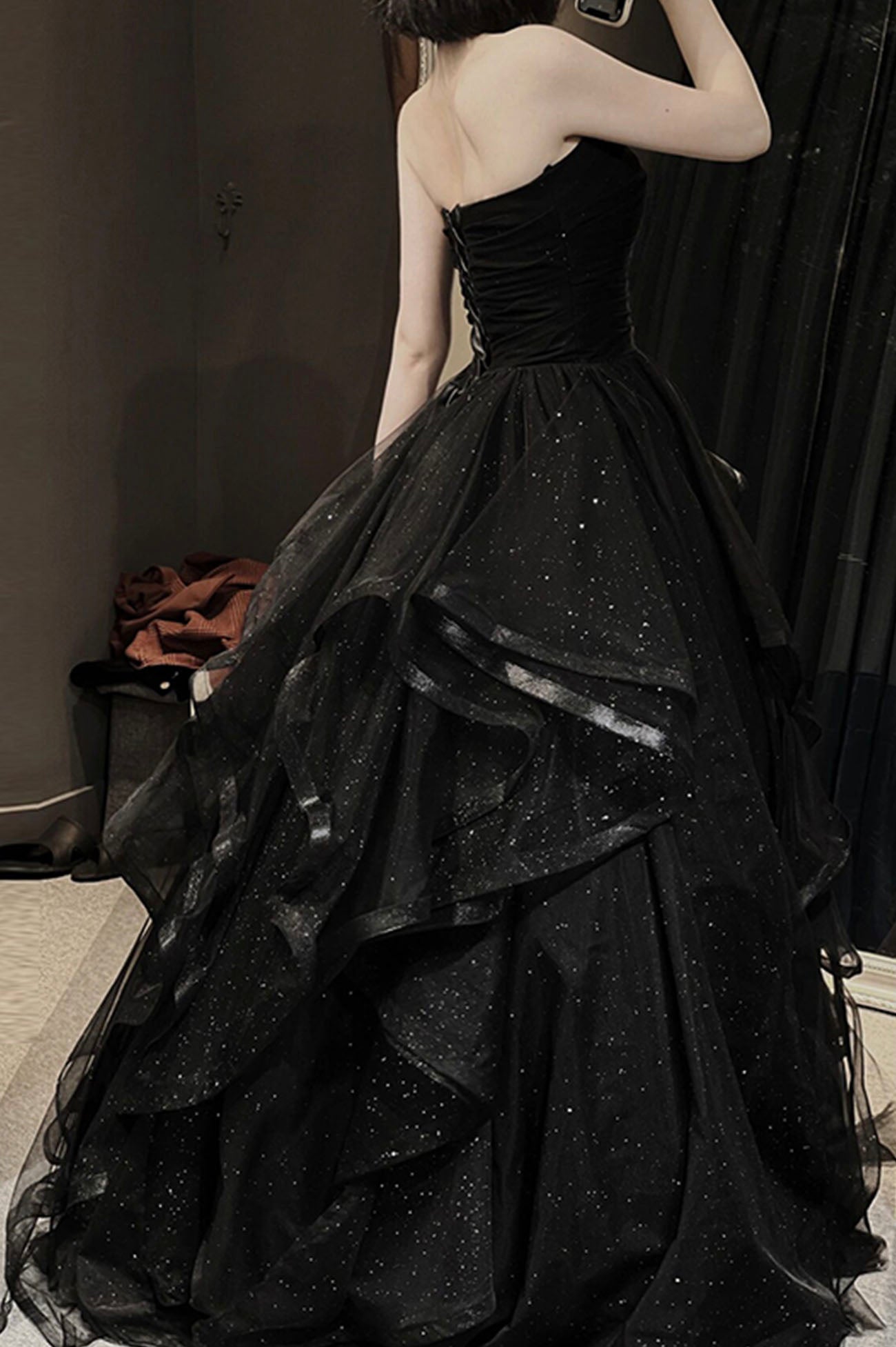 Black Tulle Layers Long A-Line Prom Dress, Black Strapless Prom Dresses