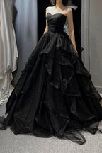 Black Tulle Layers Long A-Line Prom Dress, Black Strapless Prom Dresses