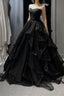 Black Tulle Layers Long A-Line Prom Dress, Black Strapless Prom Dresses