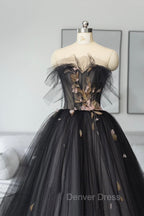 Black Tulle Long Prom Dress, Black A Line Strapless Prom Dresses