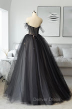 Black Tulle Long Prom Dress, Black A Line Strapless Prom Dresses