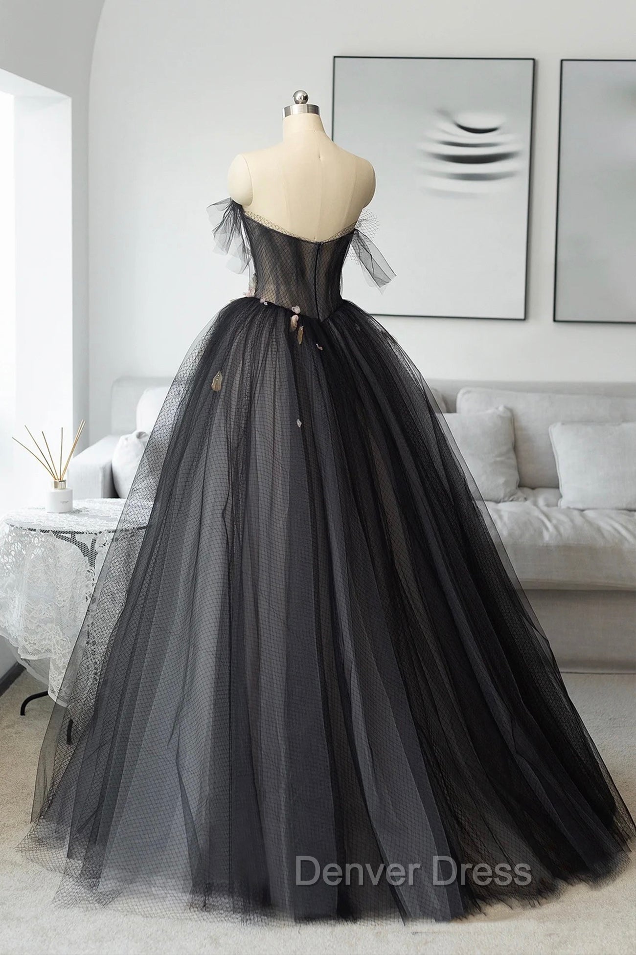 Black Tulle Long Prom Dress, Black A Line Strapless Prom Dresses