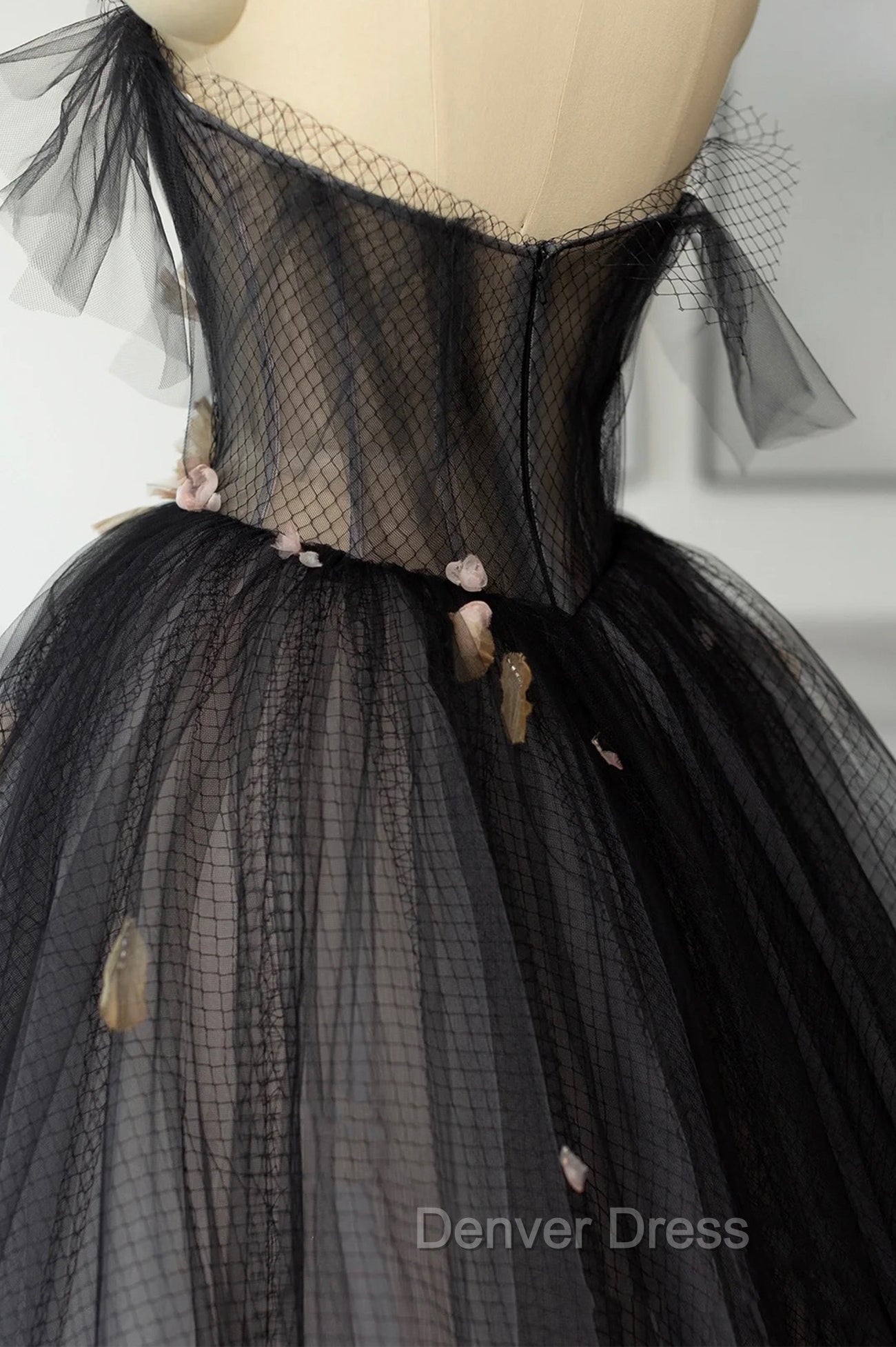 Black Tulle Long Prom Dress, Black A Line Strapless Prom Dresses