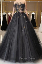 Black Tulle Long Prom Dress, Black A Line Strapless Prom Dresses