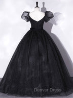 Black Tulle Long Prom Dresses, Black Puff Sleeves Long Sweet 16 Dresses