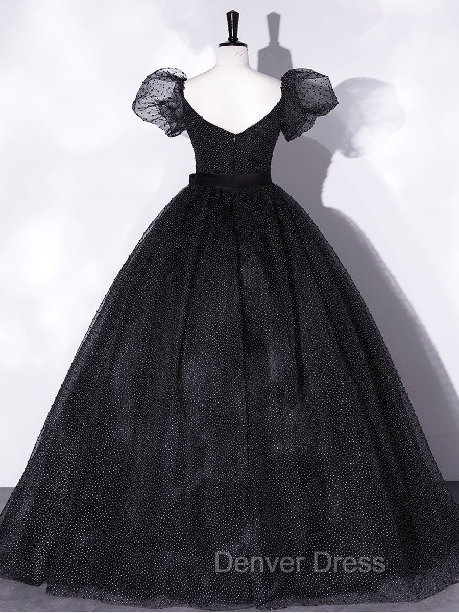 Black Tulle Long Prom Dresses, Black Puff Sleeves Long Sweet 16 Dresses