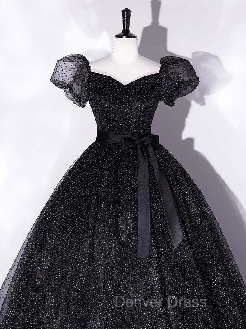 Black Tulle Long Prom Dresses, Black Puff Sleeves Long Sweet 16 Dresses