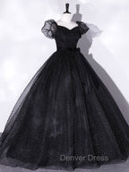 Black Tulle Long Prom Dresses, Black Puff Sleeves Long Sweet 16 Dresses
