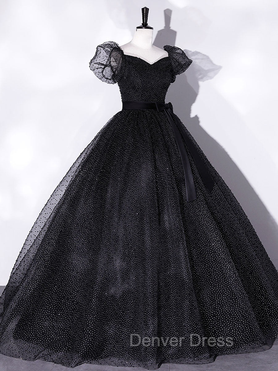Black Tulle Long Prom Dresses, Black Puff Sleeves Long Sweet 16 Dresses