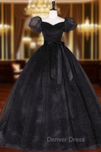 Black Tulle Long Prom Dresses, Black Puff Sleeves Long Sweet 16 Dresses