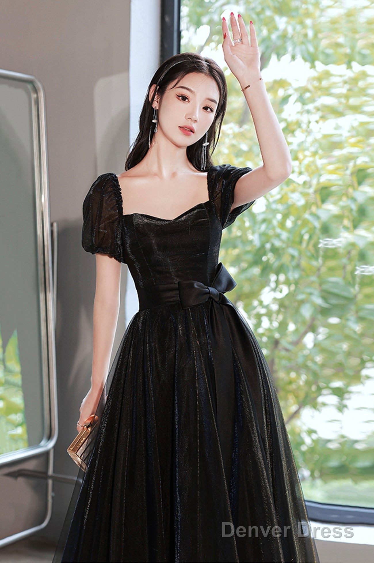Black Tulle Long Prom Dress, Black Short Sleeve Graduation Dress