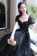 Black Tulle Long Prom Dress, Black Short Sleeve Graduation Dress