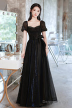 Black Tulle Long Prom Dress, Black Short Sleeve Graduation Dress