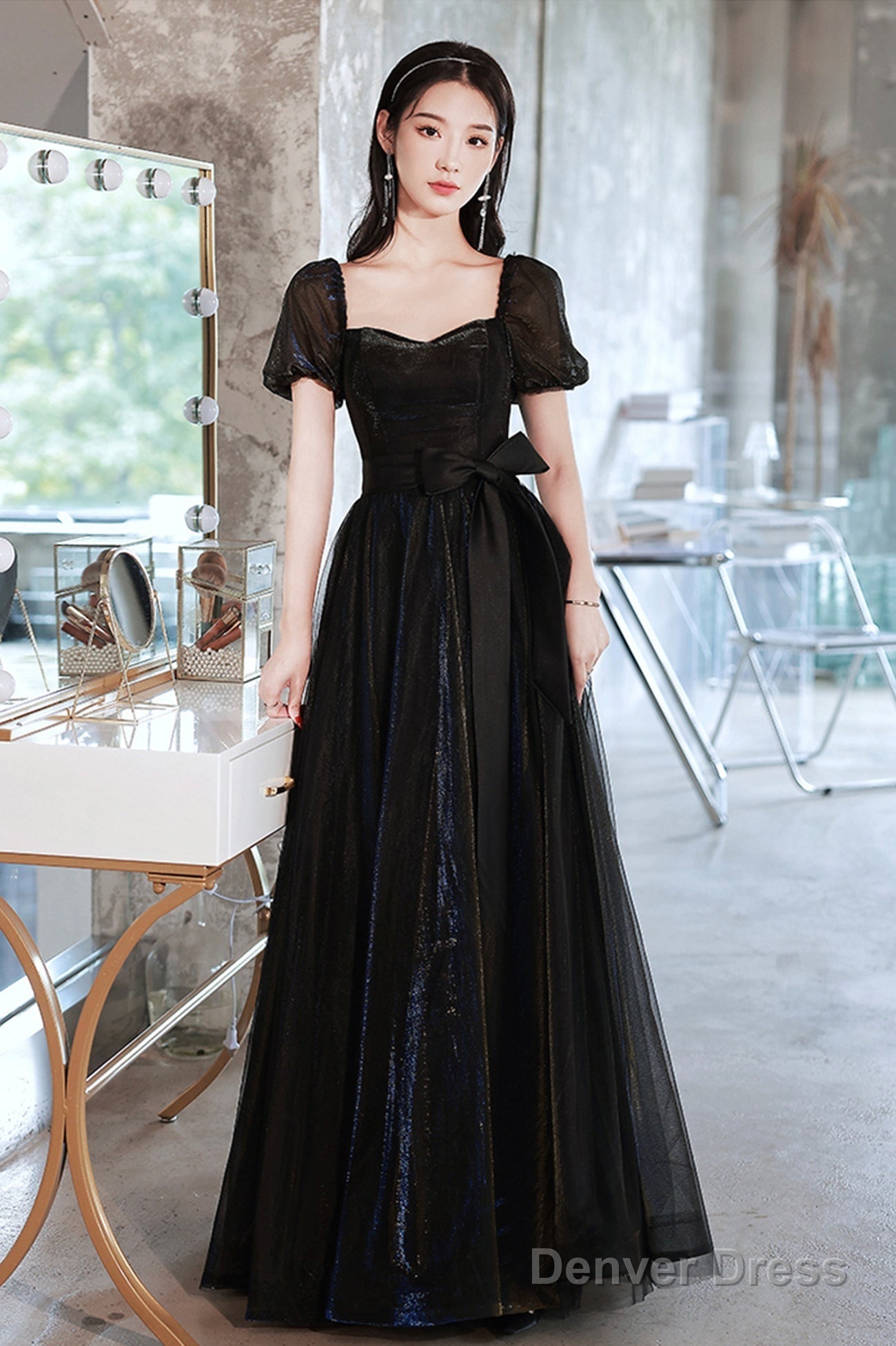 Black Tulle Long Prom Dress, Black Short Sleeve Graduation Dress