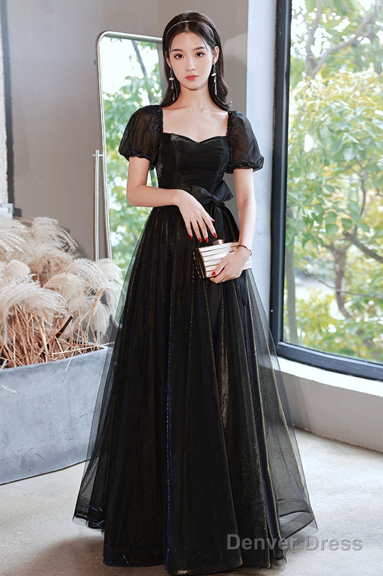 Black Tulle Long Prom Dress, Black Short Sleeve Graduation Dress