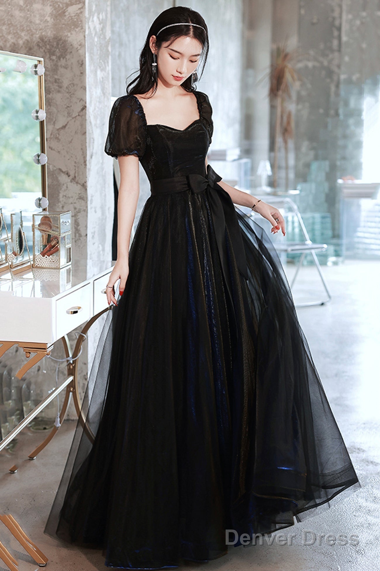 Black Tulle Long Prom Dress, Black Short Sleeve Graduation Dress Main image