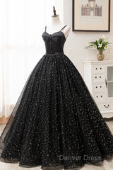 Black Tulle Long Prom Dresses, Black Spaghetti Straps Formal Evening Gown