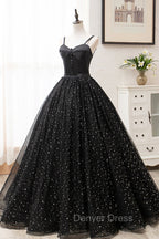 Black Tulle Long Prom Dresses, Black Spaghetti Straps Formal Evening Gown