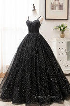 Black Tulle Long Prom Dresses, Black Spaghetti Straps Prom Gowns