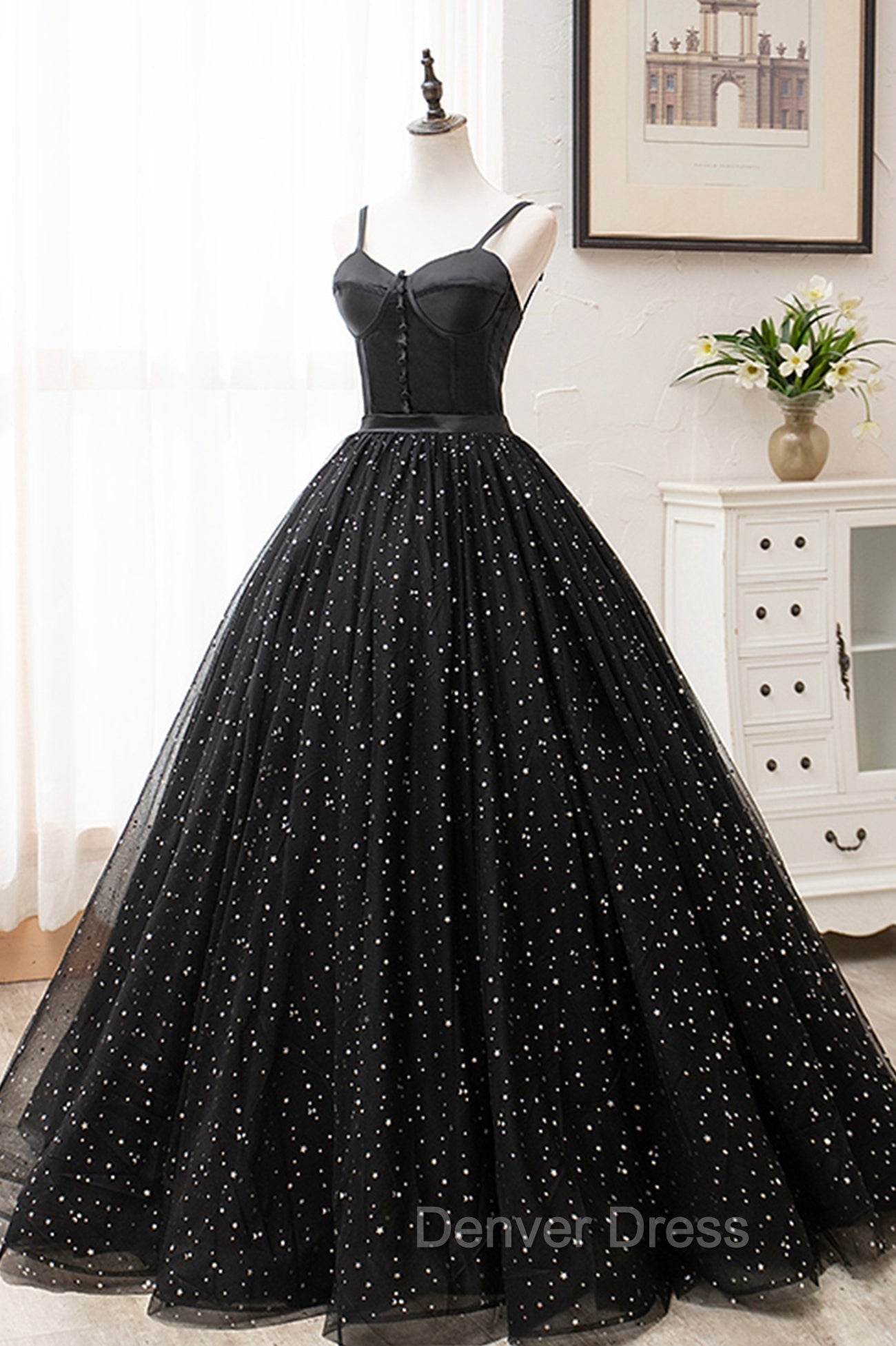 Black Tulle Long Prom Dresses, Black Spaghetti Straps Prom Gowns