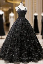 Black Tulle Long Prom Dresses, Black Spaghetti Straps Prom Gowns