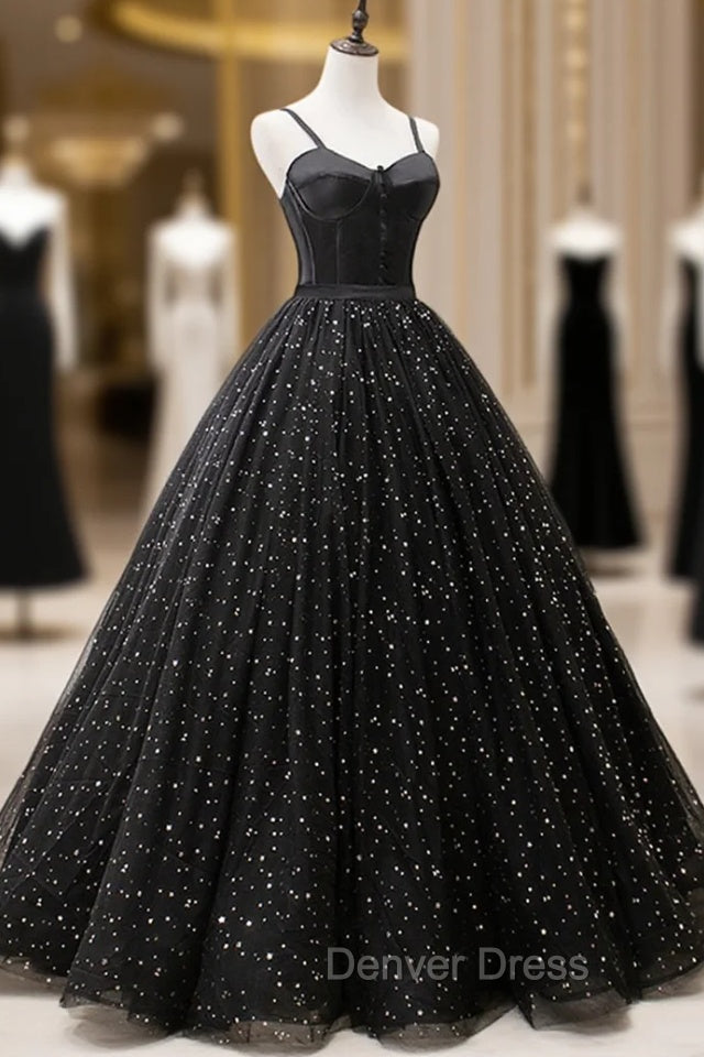 Black Tulle Long Prom Dresses, Black Spaghetti Straps Prom Gowns