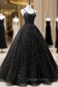 Black Tulle Long Prom Dresses, Black Spaghetti Straps Prom Gowns