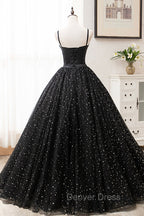 Black Tulle Long Prom Dresses, Black Spaghetti Straps Formal Evening Gown