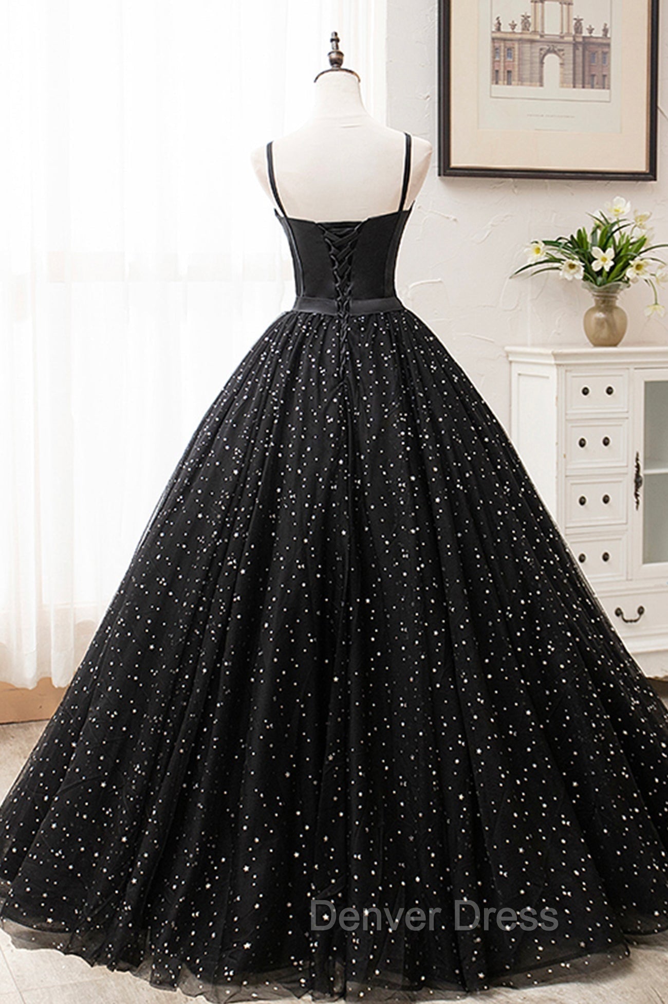Black Tulle Long Prom Dresses, Black Spaghetti Straps Formal Evening Gown