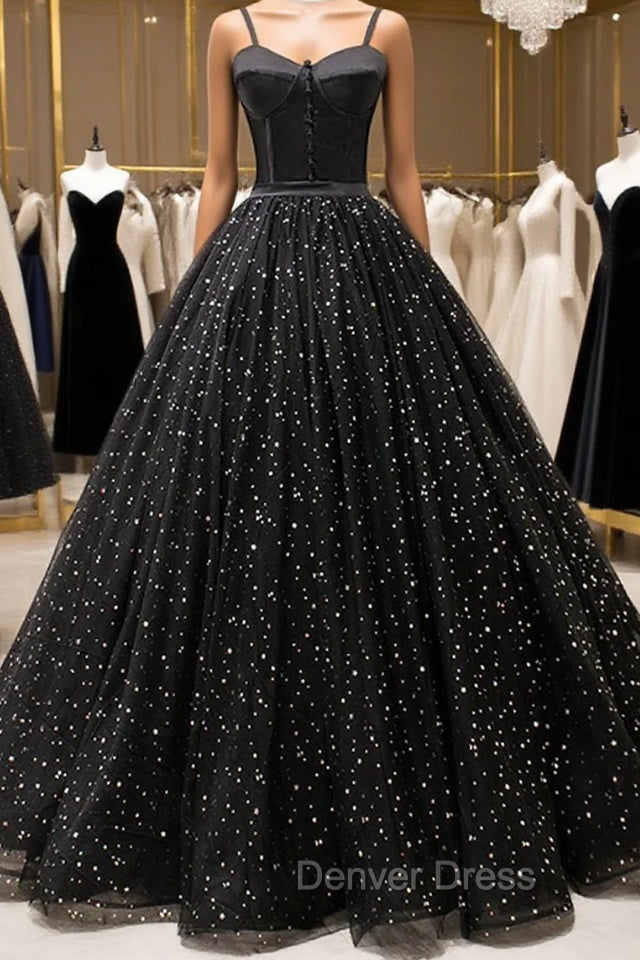 Black Tulle Long Prom Dresses, Black Spaghetti Straps Formal Evening Gown