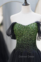 Black Tulle Long Prom Dresses with Beaded, Off the Shoulder Formal Evening Dresses