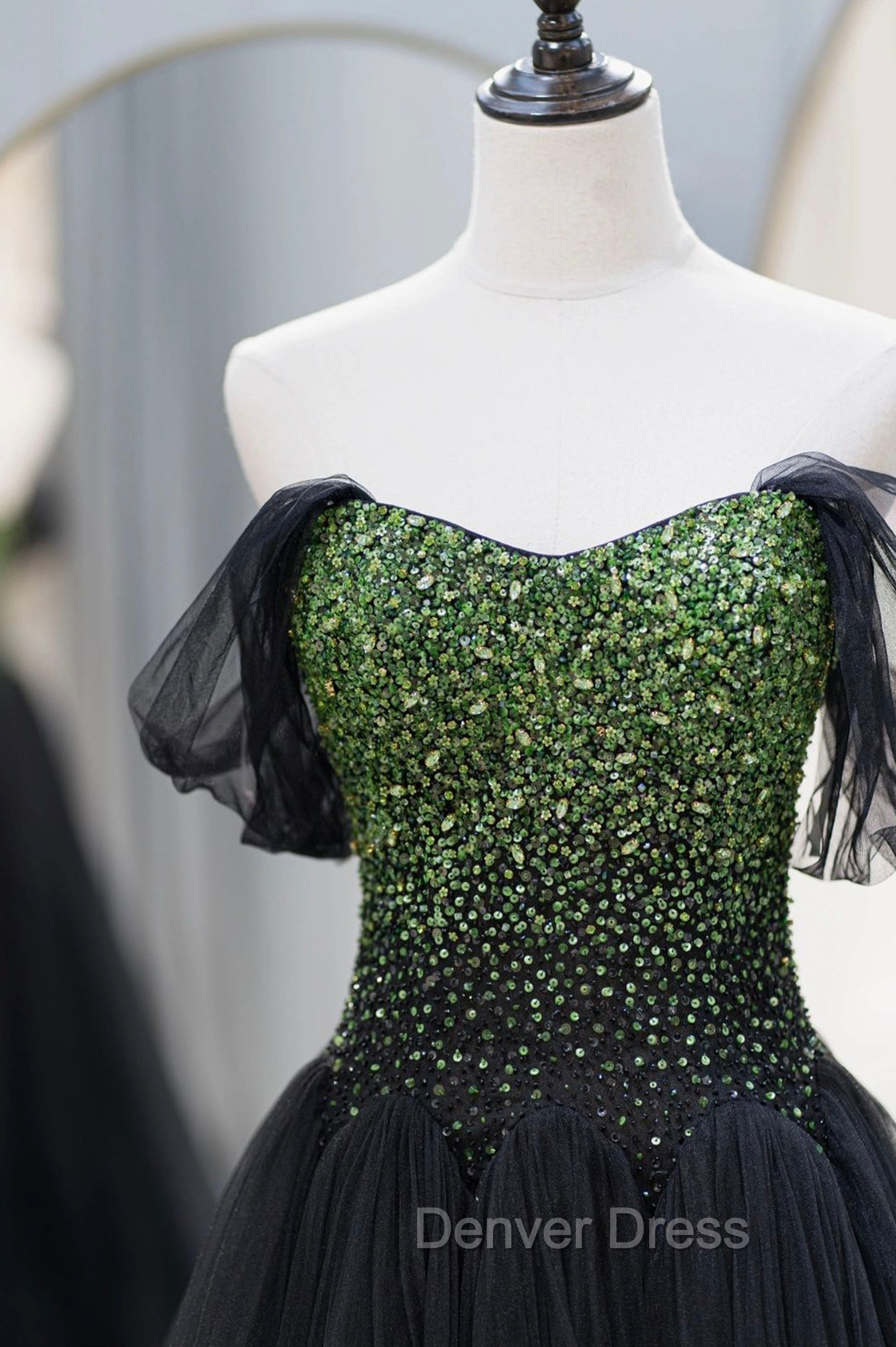 Black Tulle Long Prom Dresses with Beaded, Off the Shoulder Formal Evening Dresses