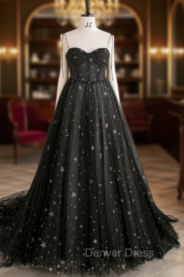 Black Tulle Long Prom Dresses with Stars, Cute Spaghetti Straps Graduation Dresses