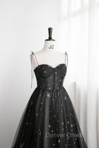 Black Tulle Long Prom Dresses with Stars, Cute Spaghetti Straps Graduation Dresses