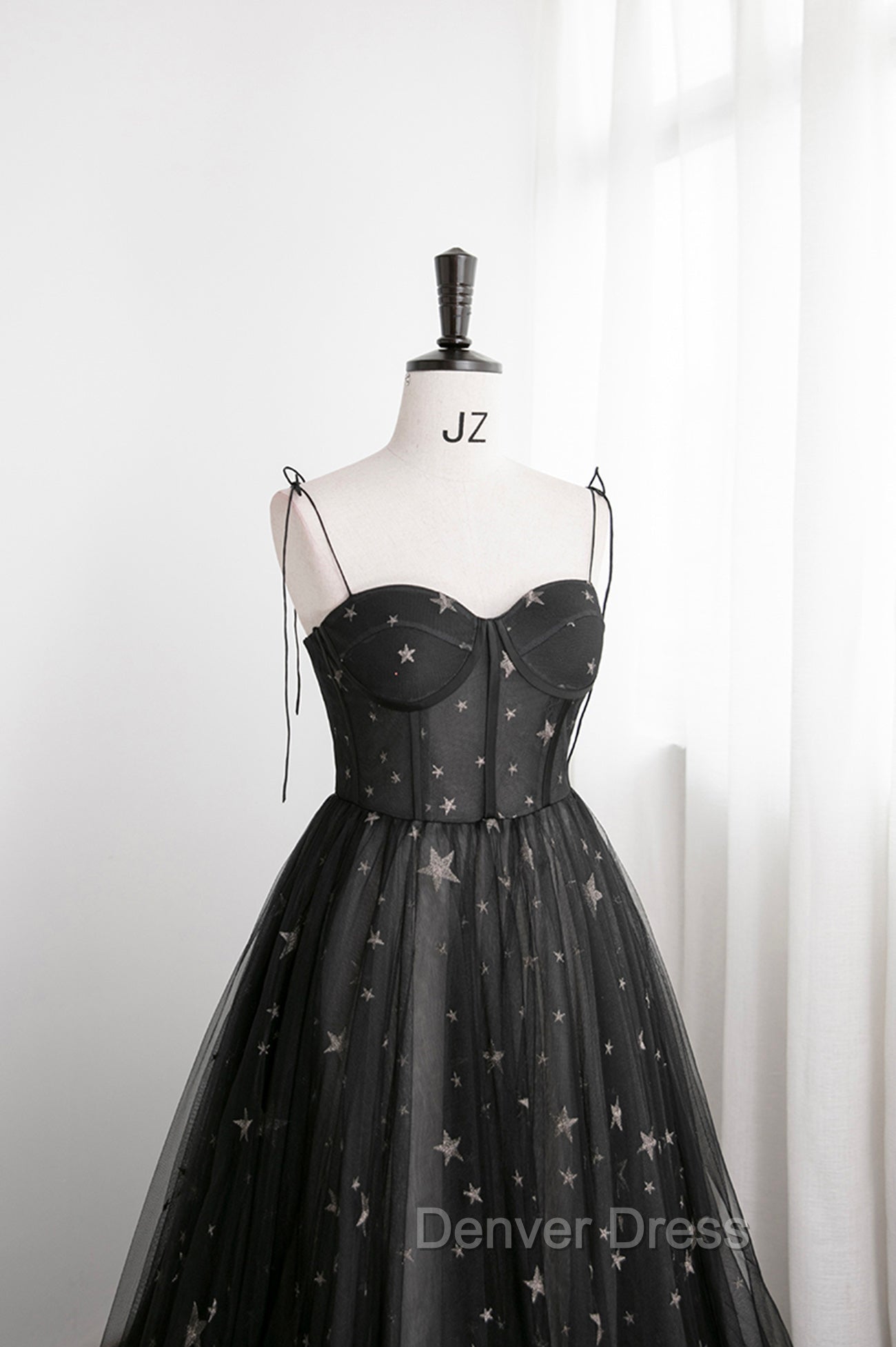 Black Tulle Long Prom Dresses with Stars, Cute Spaghetti Straps Graduation Dresses