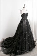 Black Tulle Long Prom Dress with Stars, Cute Spaghetti Straps Graduation Dresses