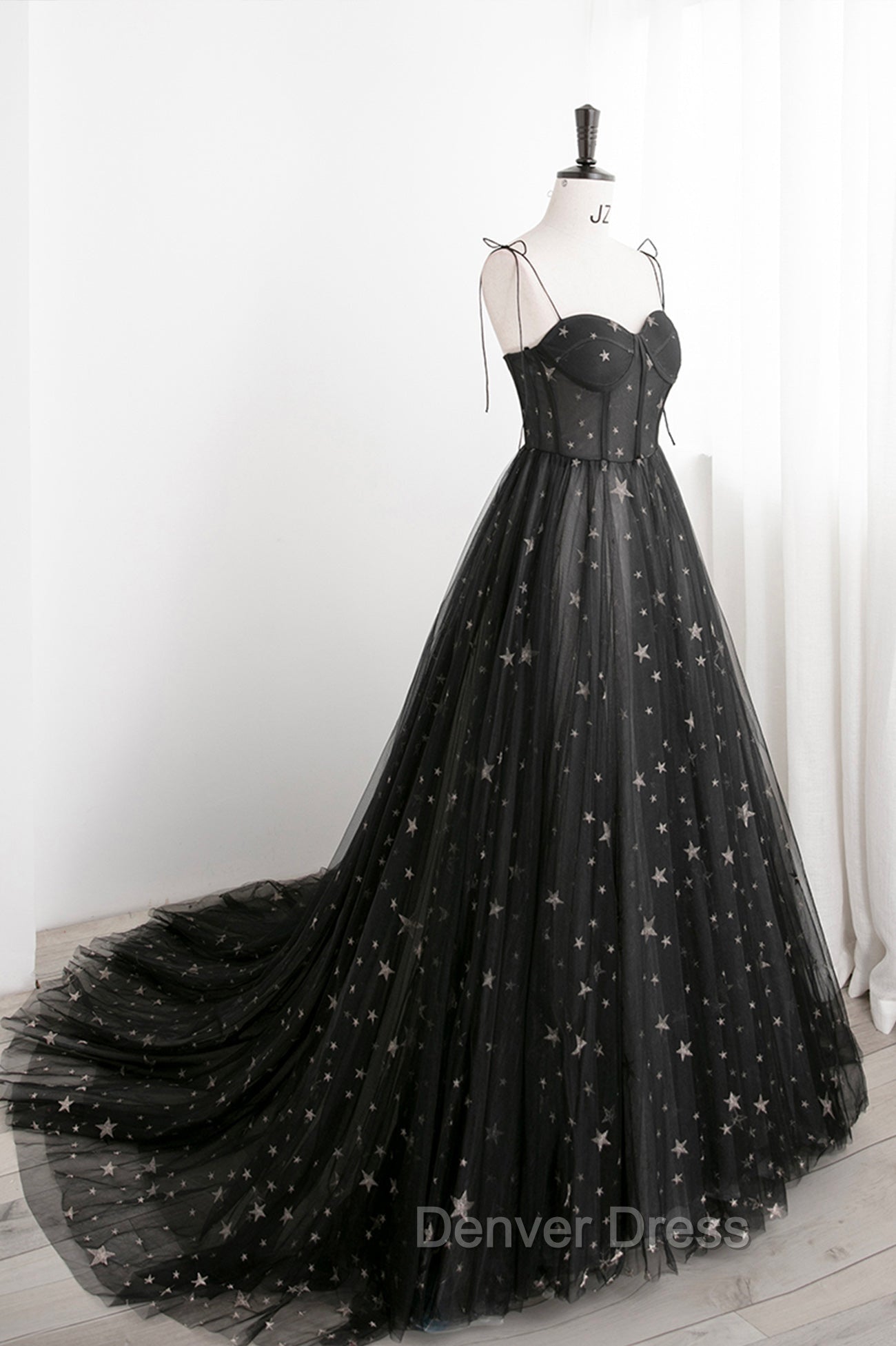 Black Tulle Long Prom Dress with Stars, Cute Spaghetti Straps Graduation Dresses