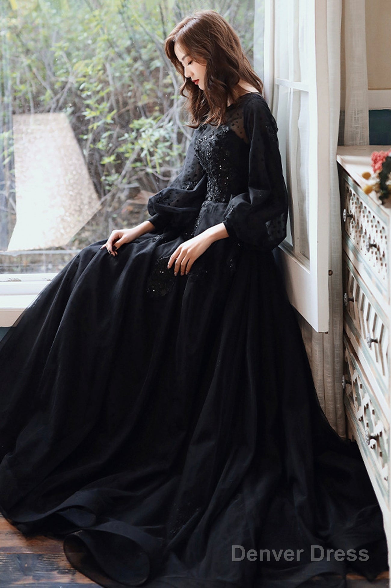 Black Tulle Long Sleeve Prom Dress, Black A-Line Evening Dress Secondary image