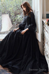 Black Tulle Long Sleeve Prom Dress, Black A-Line Evening Dress