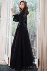 Black Tulle Long Sleeve Prom Dress, Black A-Line Evening Dress