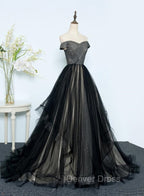 Black Tulle Off Shoulder Floor Length Gowns, Black Prom Dresses