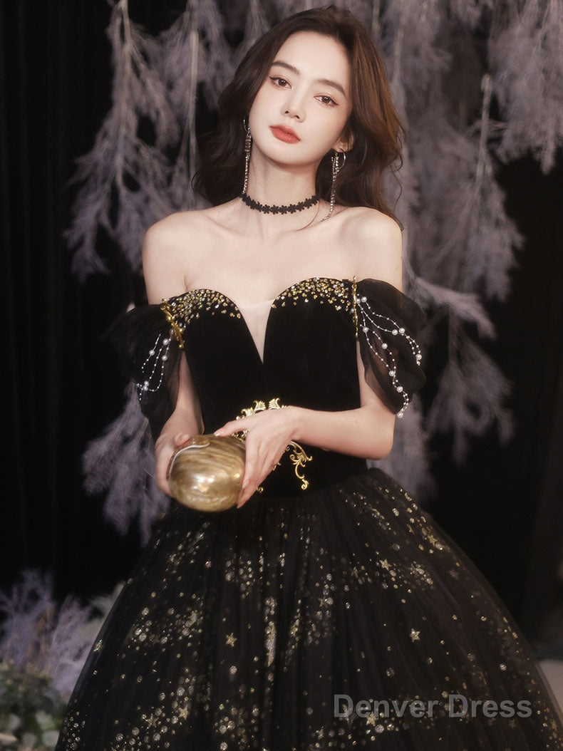 Black Tulle Off Shoulder Long Prom Dress, Black Tulle Formal Dress Secondary image