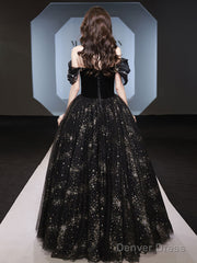 Black Tulle Off Shoulder Long Prom Dress, Black Tulle Formal Dress