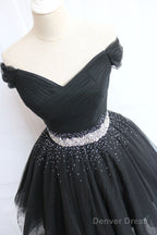 Black Tulle Off Shoulder Short Prom Dress, Black Homecoming Dress