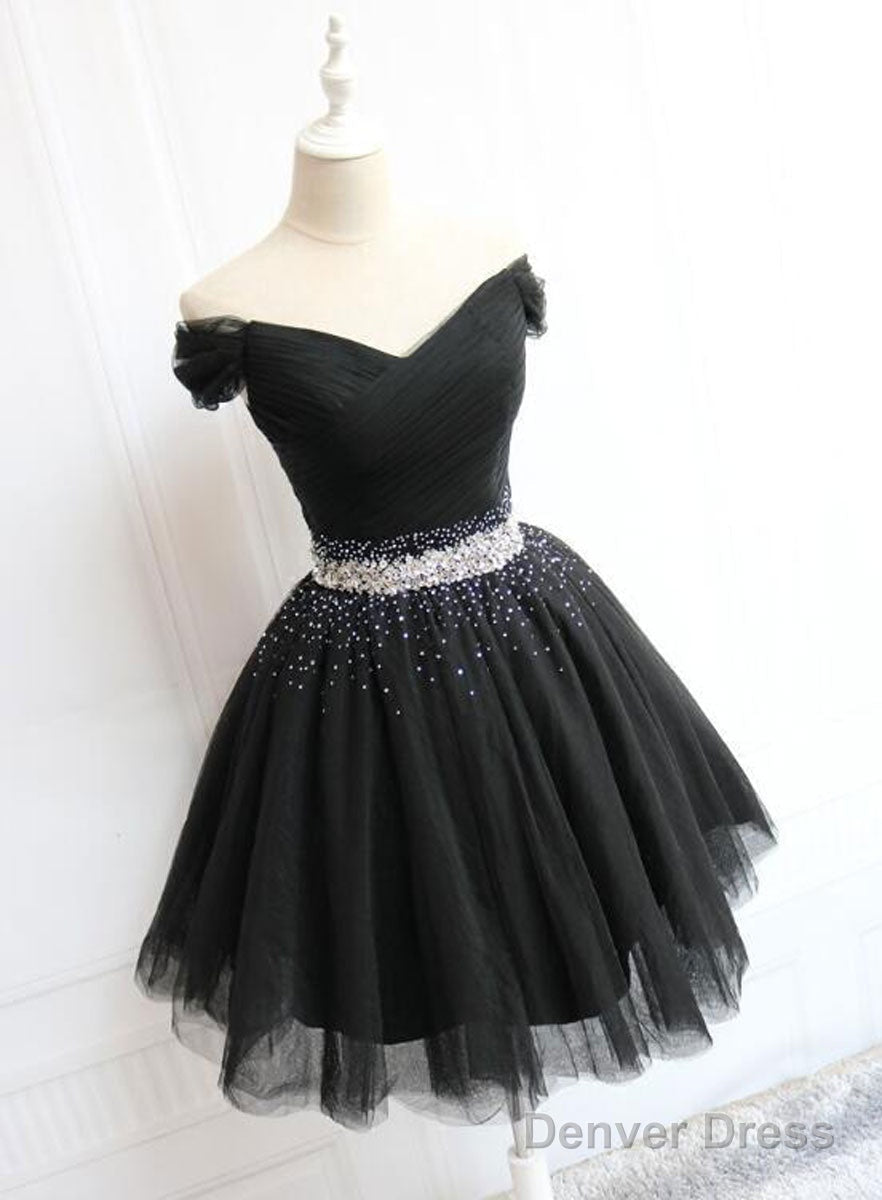 Black Tulle Off Shoulder Short Prom Dress, Black Homecoming Dresses